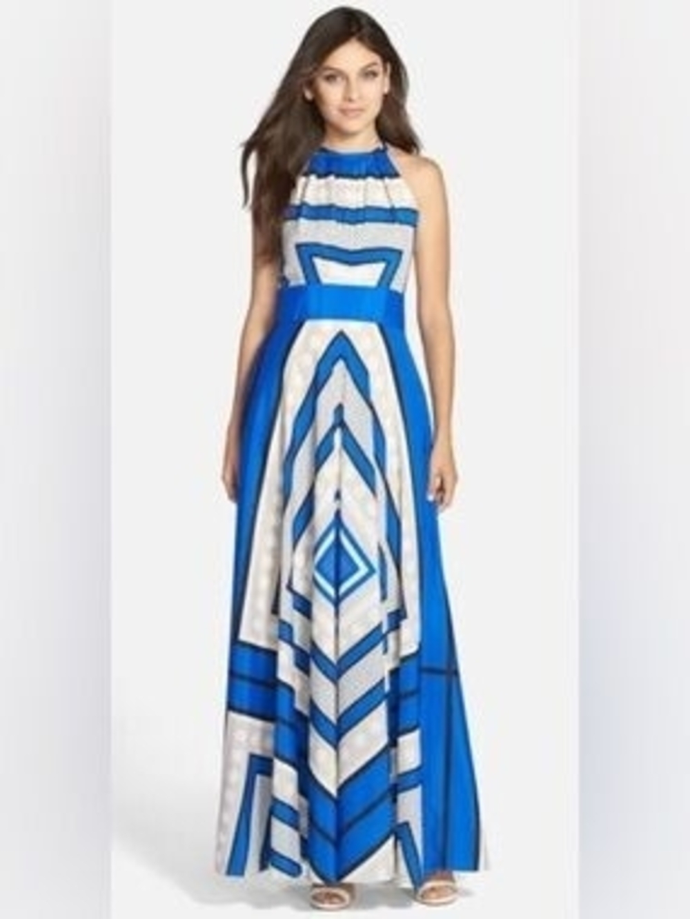 Eliza J Bold Blue and White Geometric Halter Maxi